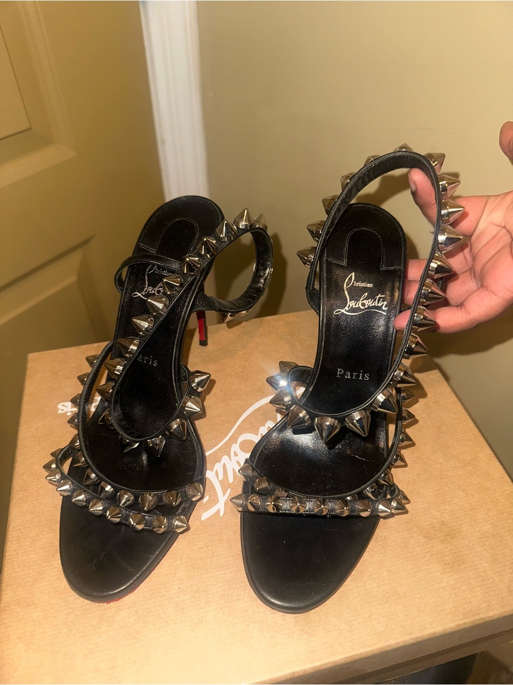 Christian Louboutin Black Leather Spike-Embellished Slingback Heels